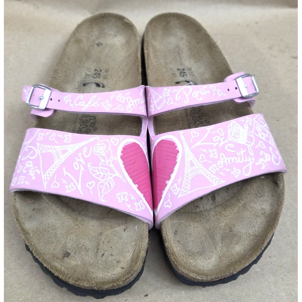 Birkenstock Birkis (Sz 7) 2 Strap Slide Sandals Pink Paris Heart